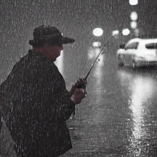 Image similar to closeup portrait of a man fishing in a rainy new york street, photography