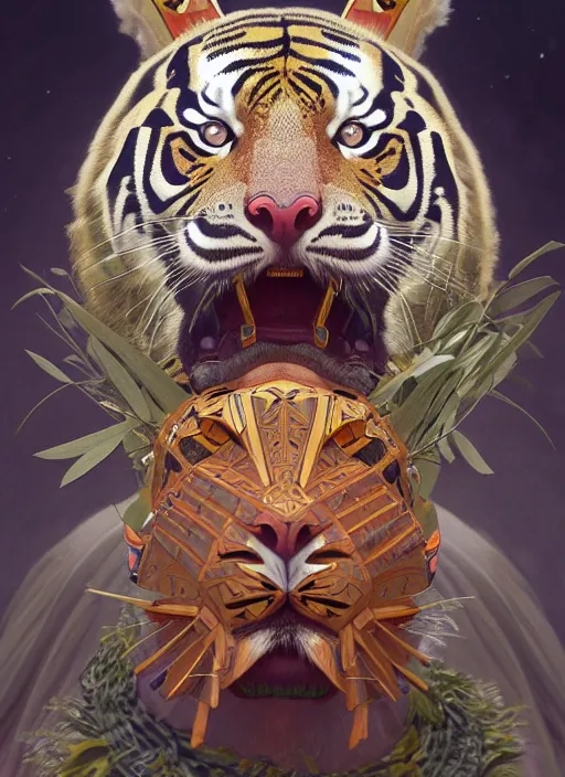 Image similar to symmetry!! portrait of a hybrid robot tiger, midsommar style, intricate, elegant, highly detailed, digital painting, artstation, concept art, smooth, sharp focus, illustration, art by artgerm and greg rutkowski and alphonse mucha, 8 k