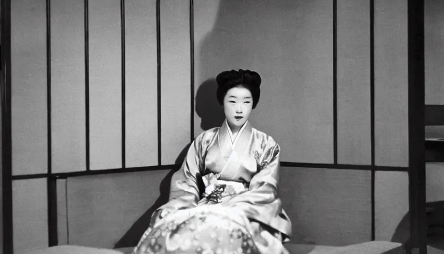 Prompt: a filmstill of a woman in a hanbok sitting on a couch, traditional korean interior, kaiju starfish shadow behind a screen door, 1950s Korean film noir