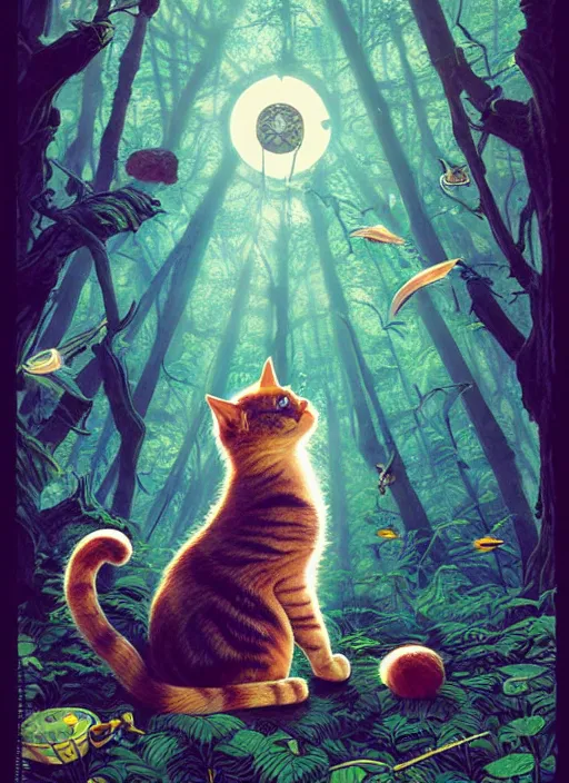 Image similar to a hyper realistic ink cat and the meaning of life and sunbeams blue sky, lush forest poster art by chiara bautista and kim jung giu and norman rockwell and greg rutkowski weta studio, and lucasfilm