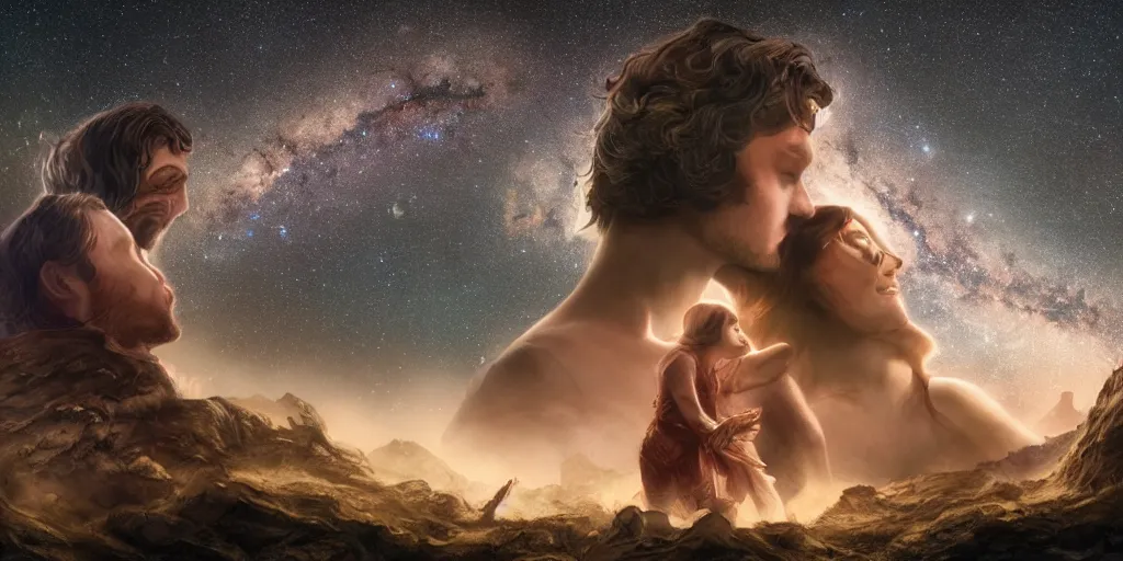 Prompt: Andromeda Milky Way Platonic love story by Jeff Easley cinematic, coherent, realistic faces, clear, detailed, intricate, dramatic lighting, establishing shot, 8k resolution