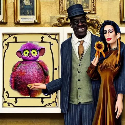 Image similar to beautiful lifelike painting of flava flav and amy winehouse buying a rare furby collection in downton abbey, hyperreal detailed facial features and uv lighting, art by ed roth and basil wolverton