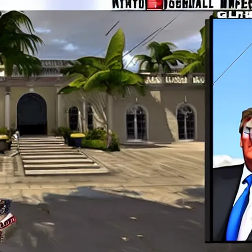 Image similar to nuclear secrets hidden in a fortified golf mansion in florida as a hitman video game mission, next gen screenshot, president trump is looking into the camera