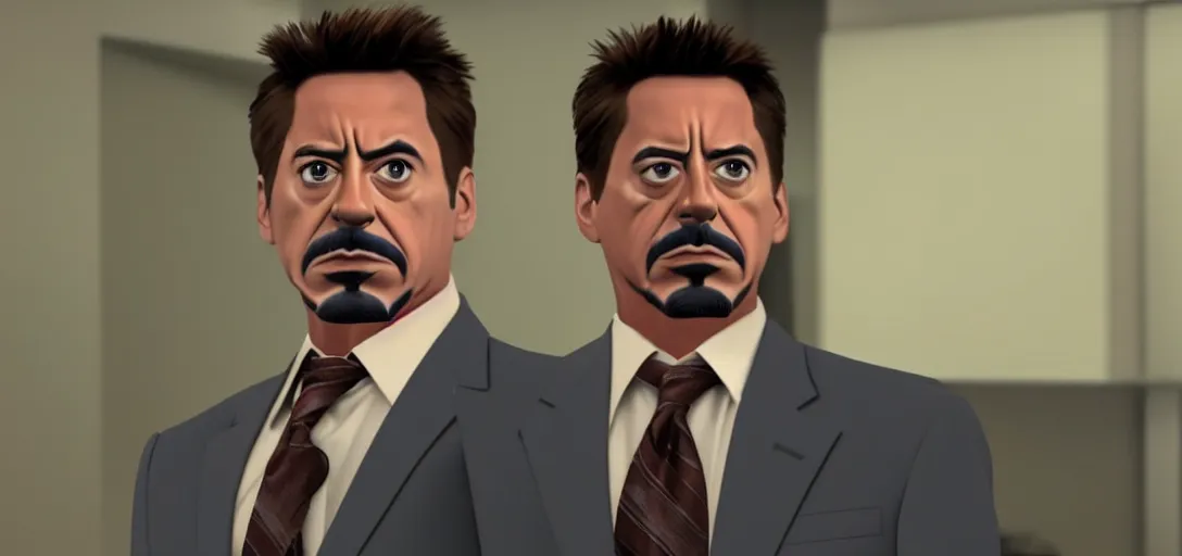 Image similar to a very high resolution image of tony stark. from an episode of the office with micheal scott. photorealistic, photography