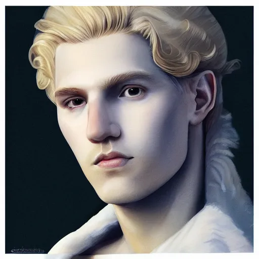 Image similar to A pregnant blond androgynous prince with closed eyes smiling, very detailed sharp angular pale white masculine face, (12x) extremely pale white skin, hooked nose and square jaw long fluffy curly blond hair, light blond hair, gorgeous, beautiful, intricate, highly detailed, digital painting, artstation, concept art, sharp focus, illustration, art by greg rutkowski and alphonse mucha