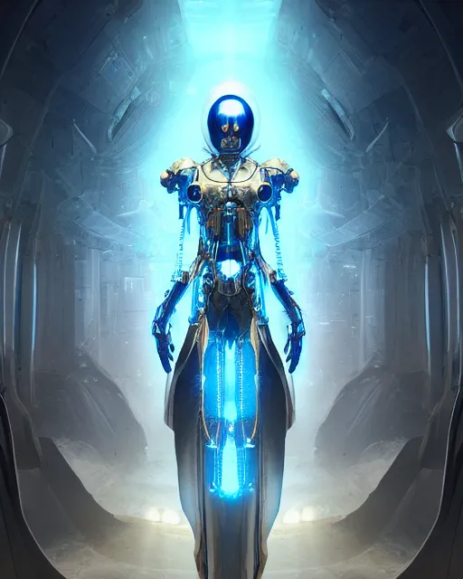 Image similar to benevolent cyborg necromancer, scifi, futuristic, elegant cape, helpful, kind, intelligent, alien room background, white, blue, gold, highly detailed, trending on artstation, soft light, holy machine, advanced technology, art by vitaly bulgarov and nivanh chanthara