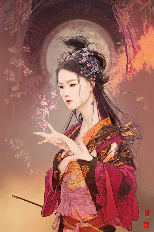 Image similar to beautiful ancient fantasy portrait of wuxia heroine like tzuyz twice, in forbidden City, flowers rainning everywhere, beautiful glowing galaxy eyes, hybrid from Dynasty Warriror, artstation, concept art, smooth, sharp focus, illustration, art by tian zi and WLOP and alphonse mucha, fantasy, intricate, very very beautiful, elegant, highly detailed, digital painting