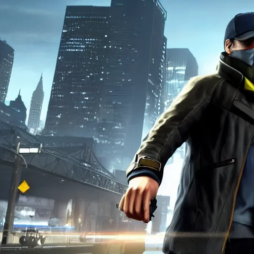 Image similar to Watch dogs game Aiden Pearce running towards a train in movement while policement chases him