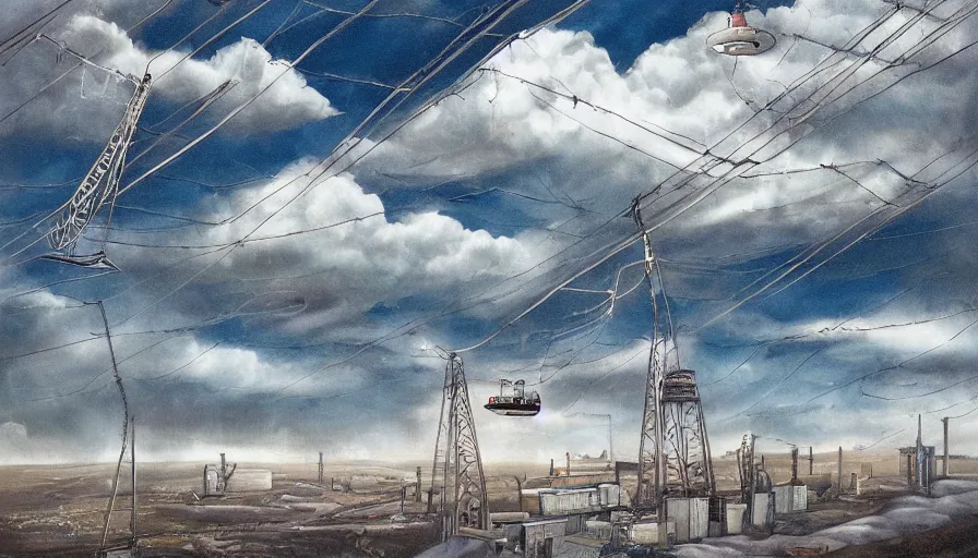 Prompt: an inflated stainless steel chrome gondola in the clouds, people are hanging by steel cables. Intricate technical drawing. Mammatus clouds. Oil rig, solarpunk