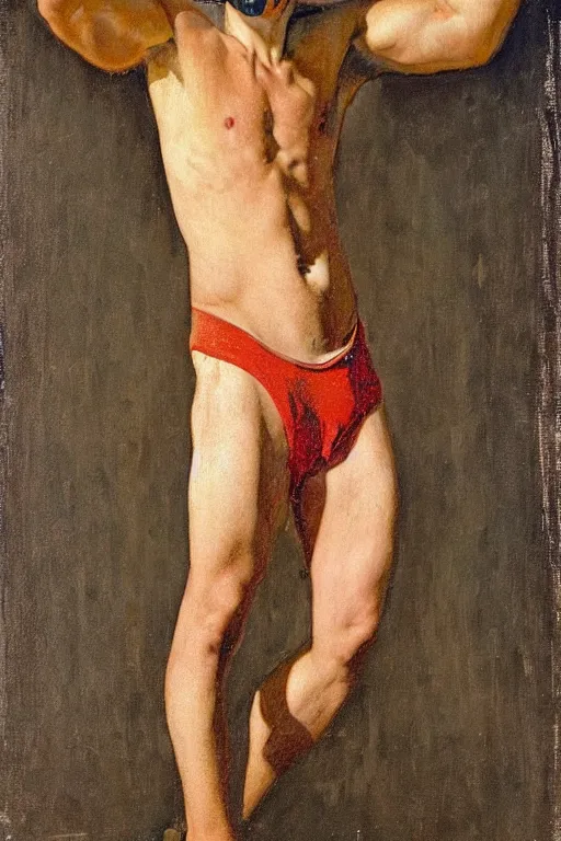 Image similar to body portrait of Justin Trudeau posing as a wrestler, colour painting by norman rockwell, guidi prime background by carl spitzweg