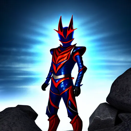 Image similar to High Fantasy Kamen Rider standing in a rock quarry, single character full body, 4k, glowing eyes, daytime, rubber suit, dark blue armor, segmented armor, centered