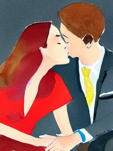 Prompt: water color painting, artwork by wes anderson, of a solo individual portrait of a guy and a girl kissing, dapper, simple illustration, nostalgic, very realistic, full of details, trending on artstation