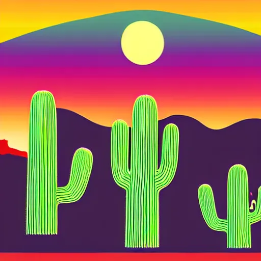 Prompt: digital illustration of cowboy on the range, beautiful New Mexico sunrise, cactus, Art Deco, dark deco, Adobe Illustrator, vibrant colors, vivid color, solid coloring, clean lines, clean ink, animated series, by Eric Radomski