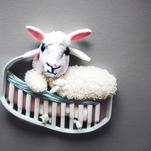 Image similar to storybook illustration of baby sleeping in a crib with a toy lamb on top of its head, storybook illustration, monochromatic