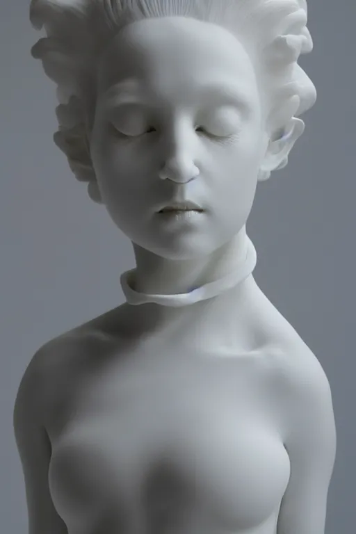 Prompt: full head and shoulders, beautiful female porcelain sculpture by daniel arsham and raoul marks, smooth, all white features on a white background, hair built like an apartment tower, delicate facial features, white eyes, white lashes, detailed white,
