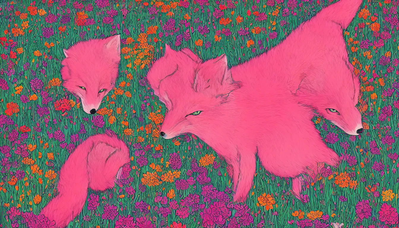 Prompt: pink fox head popping out of a field of multi colored flowers by kilian eng, victo ngai, josan gonzalez