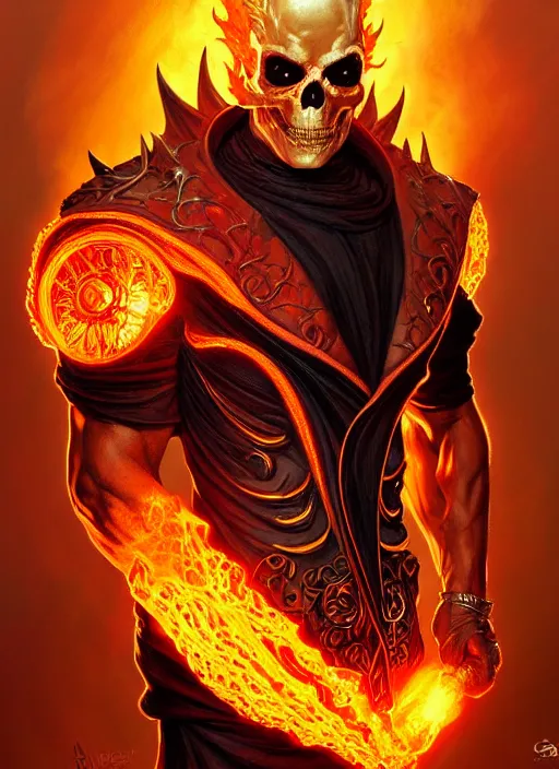 Image similar to Portrait of Ghost Rider, D&D, muscular, fantasy, intricate, elegant, highly detailed, digital painting, artstation, concept art, smooth, sharp focus, illustration, art by artgerm and greg rutkowski and alphonse mucha