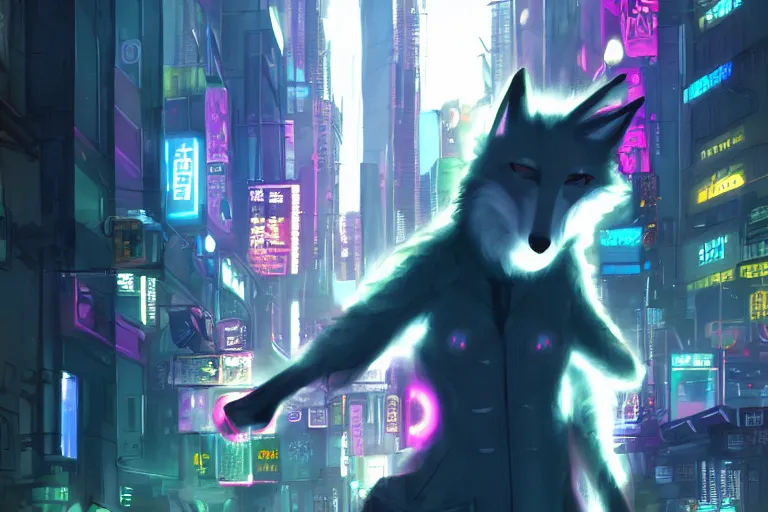 Prompt: an anthropomorphic fox in a cyberpunk city, trending on pixiv, by kawacy, neon backlighting, furry art