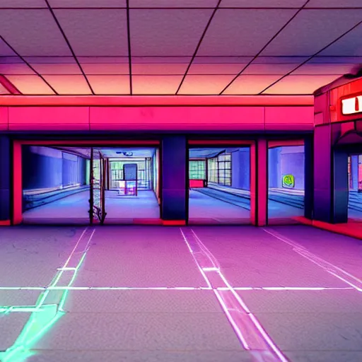 Image similar to abandoned mall with neon lights from a ps 1 game, low poly graphics