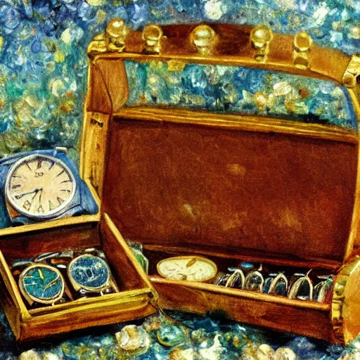 Image similar to an impressionist painting of a treasure chest full of wristwatches