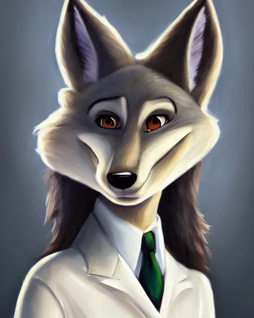 Image similar to oil painting of anthromorphic female wolf, in style of zootopia, female fursona, furry, furaffinity, 4 k, deviantart, furry art, fursona art, wearing black business suit, business suit, wolf fursona, female, very expressive detailed feminine face,