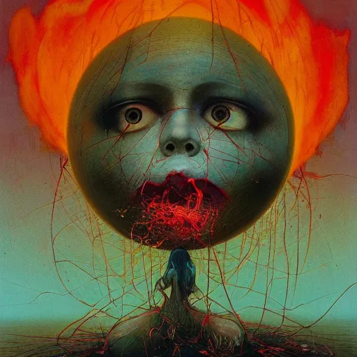 Image similar to a sphere being devoured by abstract splatters of paint in the style of francis bacon, venus being engulfed in flames in front of a female face in the style of james jean, surreal, beksinski, high detailed