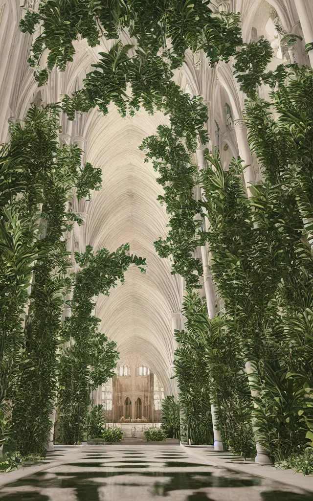 Image similar to beautiful grand cathedral interior with!! koi pond!! in the! middle! surrounded by palm trees, ivy, flowers!!, tropical plants, roses!!, and with archways, rendered in octane render with photorealistic volumetric cinematic lighting, wide angle, horizontal symmetry, 8 k