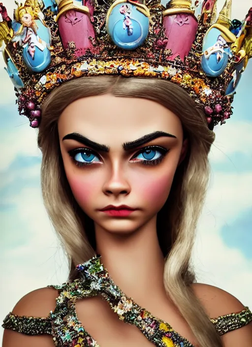 Prompt: closeup face profile portrait of a tin toy cara delevingne as a fairytale princess wearing a crown with tin bunnies, bikini, depth of field, zeiss lens, detailed, symmetrical, centered, fashion photoshoot, by nicoletta ceccoli, mark ryden, lostfish, breathtaking, 8 k resolution, extremely detailed, beautiful, establishing shot, artistic, hyperrealistic, octane render