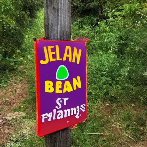 Prompt: a sign for a jellybean farm