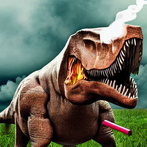 Prompt: a realistic photo of a dinosaur standing on two legs smoking a cigarette in their mouth hdr professional shot, full body