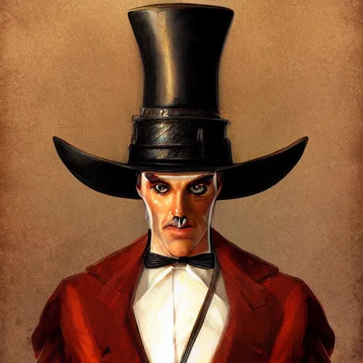 Prompt: Doran, a human warrior in a top hat, 8k resolution, full-length portrait, digital painting, fantasy illustration by Brom, D&D character art