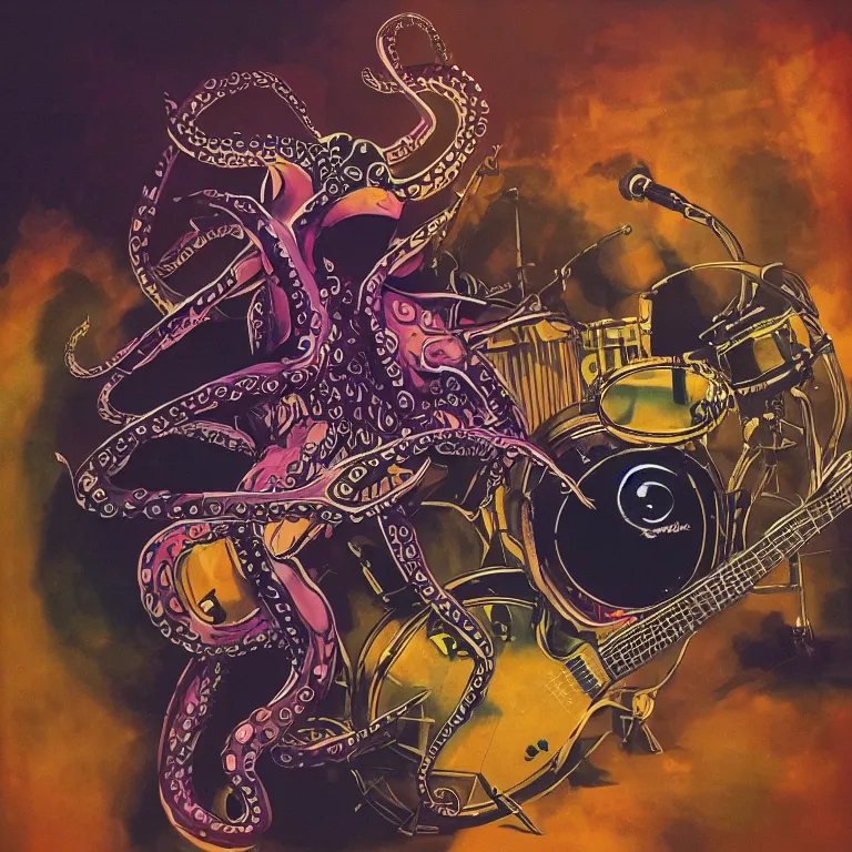 Prompt: a beautiful vinyl cover by bruce holwerda of an octopus playing drums and telecaster guitar in an electronic concert, dark background, concert light, dark mood, cold lighting