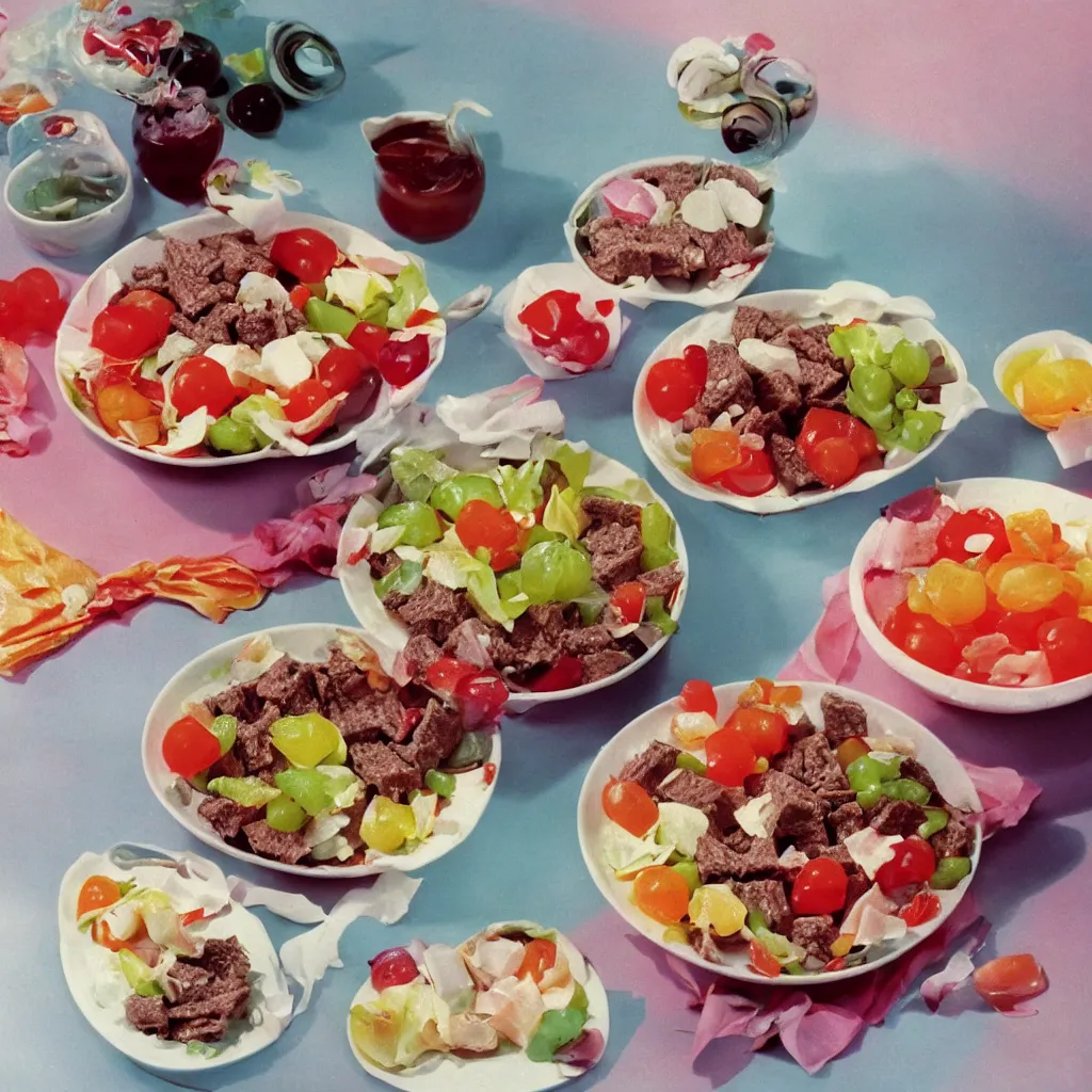 Prompt: a dreamy photo of beef salad and jelly sweets, 1976