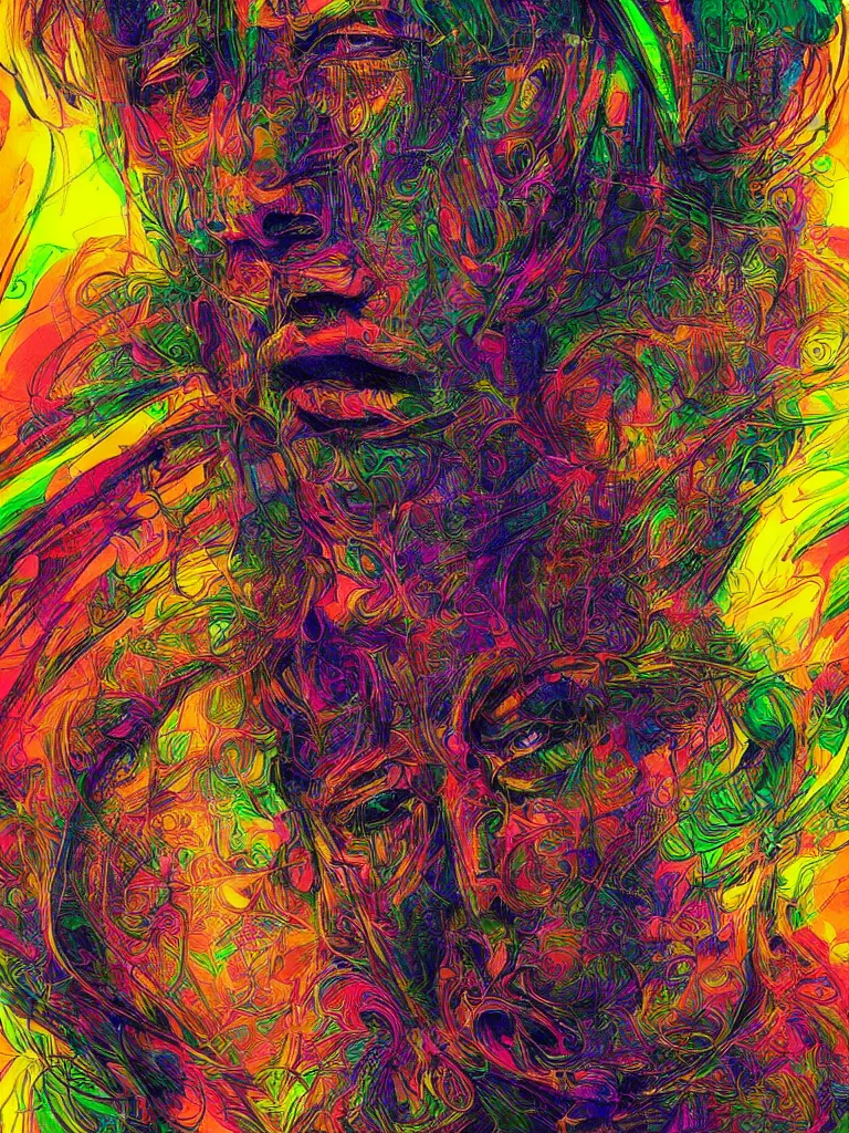 Prompt: painted portrait of man experiencing psychedelic mind trip by android jones, vibrant aesthetically pleasing colors, digital art, exquisite lighting