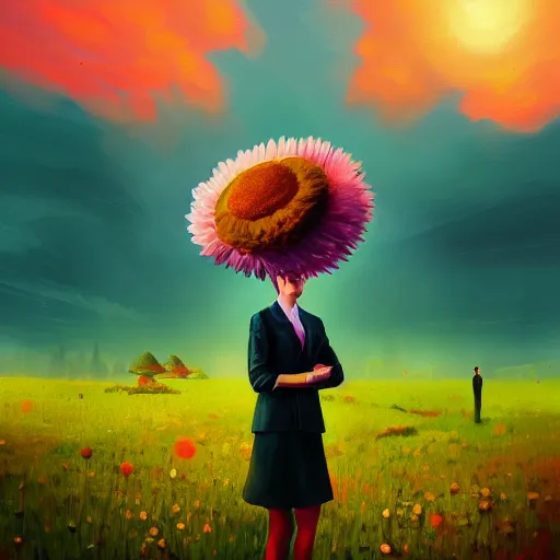 Image similar to giant daisy flower head, frontal, girl in a suit, surreal photography, sunrise, dramatic light, impressionist painting, digital painting, artstation, simon stalenhag