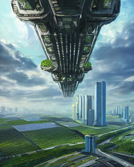 Prompt: solarpunk vehicle above a city, scifi, futuristic, bright light, highly detailed, concept art, green plants, research complex, school, white building, drones, solar panels, flowers, utopia, sharp focus, trending on artstation, intricate, atmosphere, raining, art by roman makarenko, dzung phung dinh