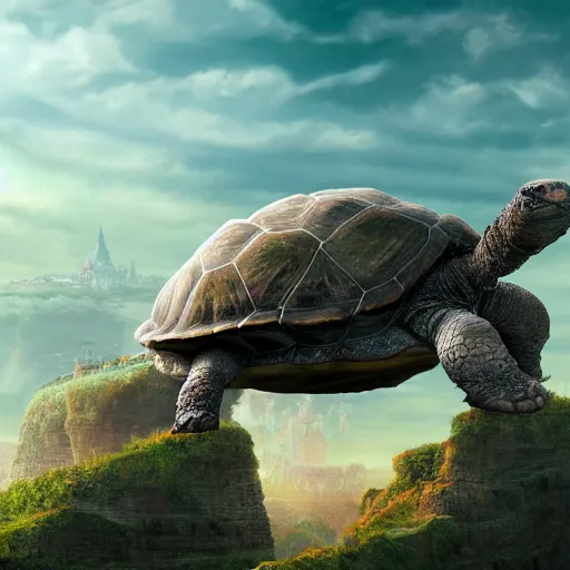 Prompt: giant tortoise with large castle growing from the shell, distant shot birds eye view, fantasy, hyper detailed, 4 k, howls moving castle, mortal engines,