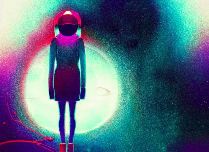 Image similar to ( ( dithered ) ), portrait of a young astronaut girl, colorful, modern art deco, mads berg, karolis strautniekas, christopher balaskas, stippled light, fog, moody, fine texture, editorial illustration, dramatic lighting, dynamic composition, detailed, matte print, dynamic perspective, muted color