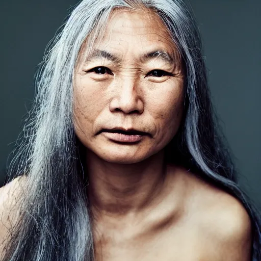 Image similar to candid portrait photograph of a tanned asian egirl with long silver hair, taken by annie leibovitz