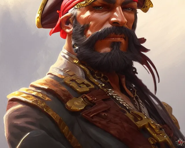 Image similar to captain pirate man high detail, deep focus, d & d, fantasy, intricate, elegant, highly detailed, digital painting, artstation, concept art, matte, sharp focus, illustration, hearthstone, art by artgerm and greg rutkowski and alphonse mucha