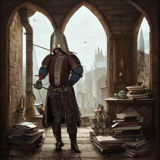 Image similar to dennis hopper as a medieval nobleman, standing on the side of a big medieval shop with boards full of books, flasks, glas, trinkets, and other stuff, dust suspended in a sunbeam from a tall medieval window, trending on artstation, artwork in style of peter mohrbacher, unreal engine, octane render, intricate details, 8k high definition, beauriful, ornate, hyperrealistic