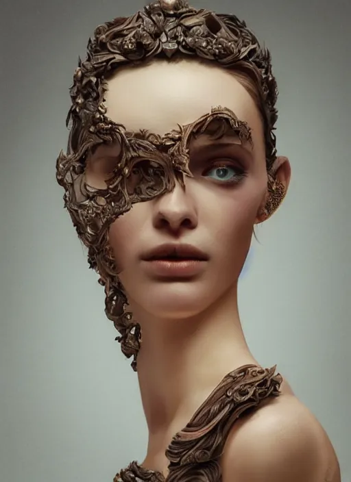 Image similar to sculpture made of wood, portrait, female, future, harper's bazaar, vogue, magazine, intricate, concept art, close up, ornate, luxury, elite, elegant, trending on artstation, by ruan jia, by Kenneth Willardt, by ross tran, by WLOP, by Andrei Riabovitchev,