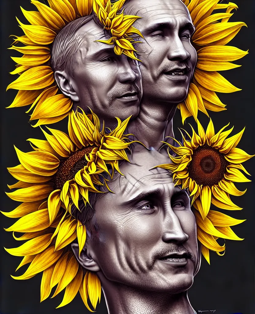 Image similar to digital art, centered full body of Putin smiling king, Sunflower crown, ,intricate, veins, by James Jean and by artgerm , by ross tran ultradetailed, charachter design, concept art, trending on artstation,