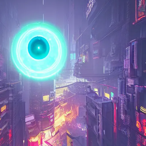 Image similar to Cyberpunk FantasyCore Kowloon giant floating eye, neon electronic, rendered in Lumion Pro, Autodesk Solidowkrs Visualize, Maya, and Cinema 4D by Iwan Baan, Greg Rutkowski, Ted Gore, Dustin Lefevre, and Jaya Su Berg, trending on artstation, cgsocciety r/art