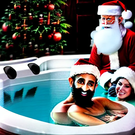 Image similar to uhd candid photo of santa and osama bin laden in a hot tub. photo by annie leibowitz