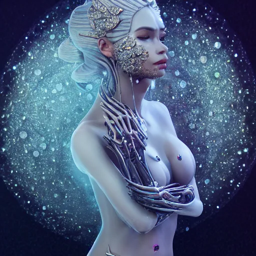 Image similar to full body detailed, ethereal, biomechanical, covered in diamonds and other gems glowing, highly detailed face, elegant posed, intricate, extremy detailed, beeple, cgsociety, 3 d unreal engine octane render. cinematic lighting, highly detailed 4 k art