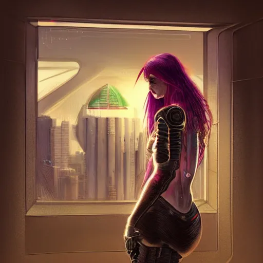 Prompt: portrait of cyberpunk woman looking out of a window, cyberpunk setting, futuristic, highly detailed, intricate lighting, digital painting, sharp focus, illustration, trending on artstation, art by akira toriyama.