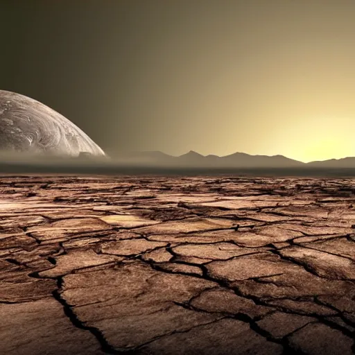 Prompt: view from the surface of a planet with tan dirt with cracks and thick atmosphere blocking the view of the sun and volcanos in the distance with yellow haze