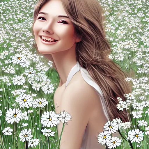 Prompt: portrait of a happy person in a field of white flowers, gentle lighting, shading, digital illustration, by Artgerm