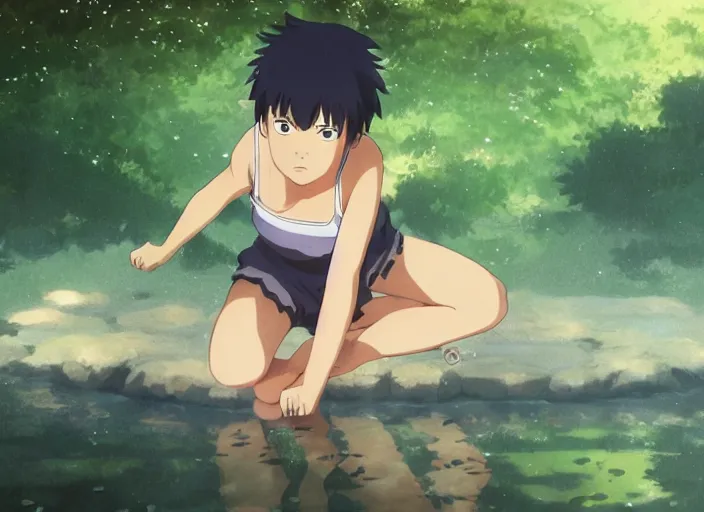 Image similar to portrait of hinata hyuga training in a pond at night, rule of thirds, illustration concept art anime key visual, trending pixiv fanbox by wlop and greg rutkowski and makoto shinkai and studio ghibli and kyoto animation